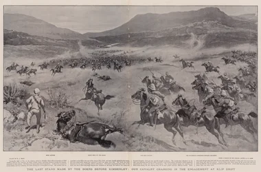 Der letzte Widerstand der Buren vor Kimberley, unsere Kavallerie im Angriff bei Klip Drift